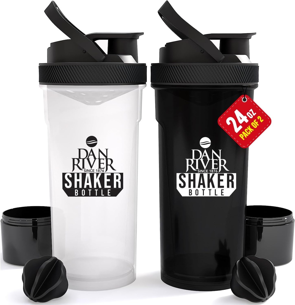 DAN RIVER 2-Pack Shaker Bottle | 24oz Plastic Protein Shaker & Mixer | Twist & Lock Design för Smoothies & Protein Mixes | Durable, Leak-Proof, Lätt att rengöra | Clear & Black Shaker Bottles för gym