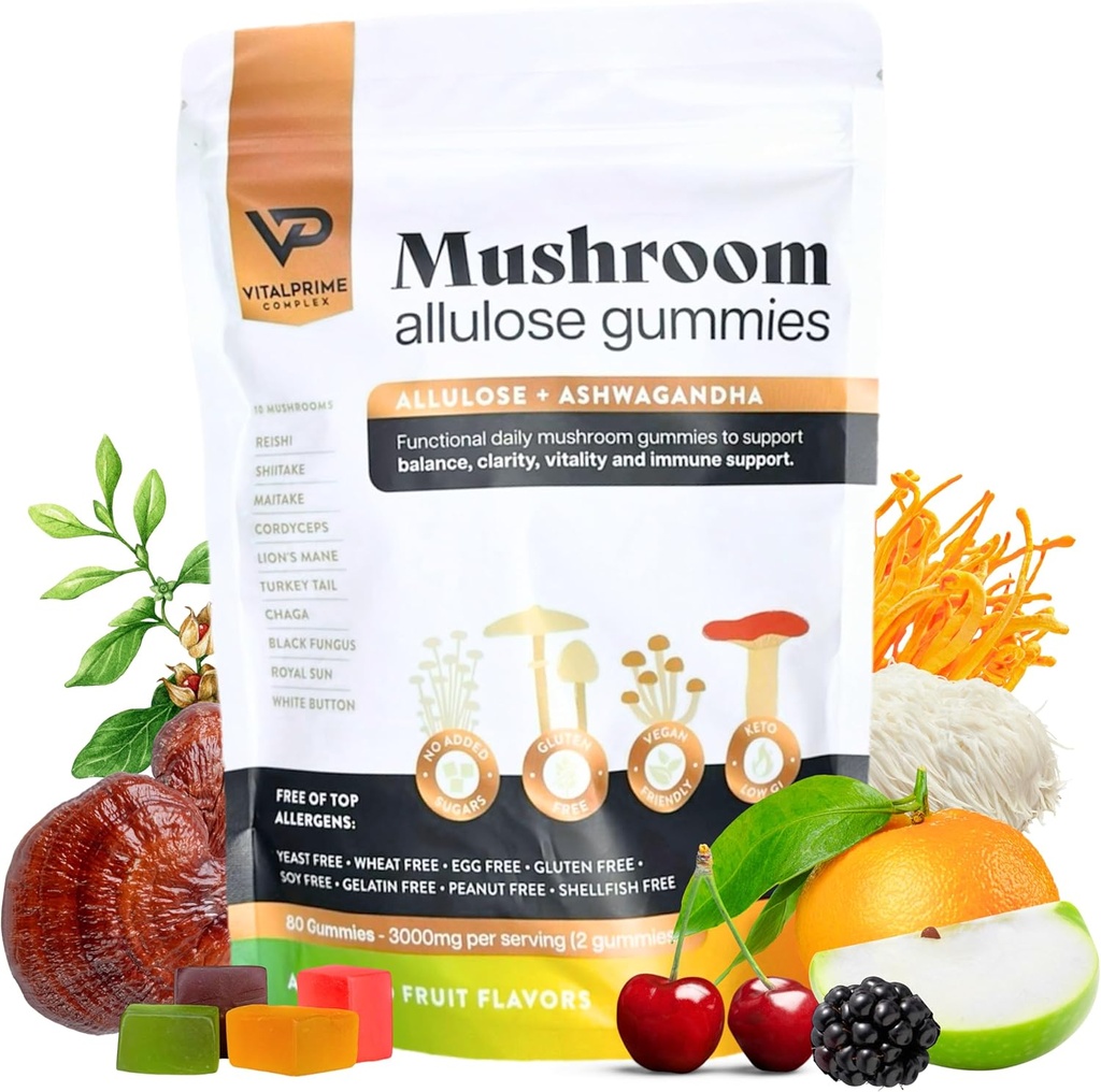 Sugar-Free Ashwagandha & Mushroom Gummies Supplement | 10 Funktionella svampar per portion | Immune Support, Focus, Energy | Vegan, Keto, Low Carb, Allulose Sweetener | 80 Gummies, naturliga smaker