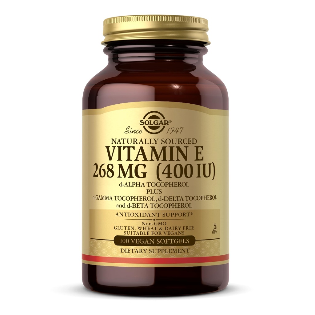 Solgar Vitamin E 268 mg (400 IE) - 100 Vegan Softgels - Naturligt källad - Icke-GMO, Glutenfri - 100 portioner