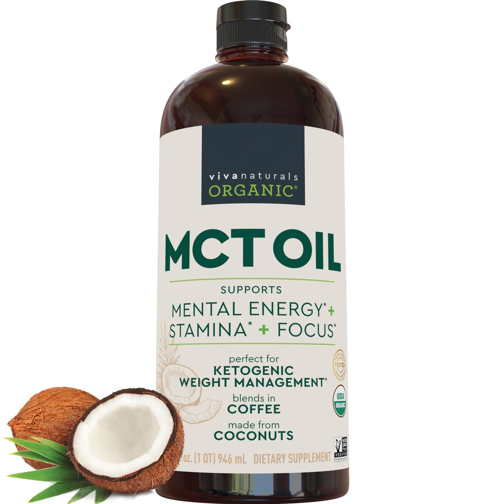 Viva Naturals Organisk MCT Olja, 32 fl oz - MCT Oil för kaffe, USDA Organic, Non-GMO, Paleo Certified & Keto Friendly, stöder energi och mental klarhet