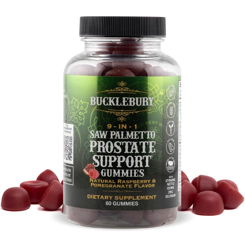 BUCKLEBURY 9-i-1 Natural Saw Palmetto Gummies med Raspberry & Pomegranate Flavor - Plant-Based Prostate Support Supplements for Mens Bladder Health, Hair Growth & Urinary Support - 60 Gummies