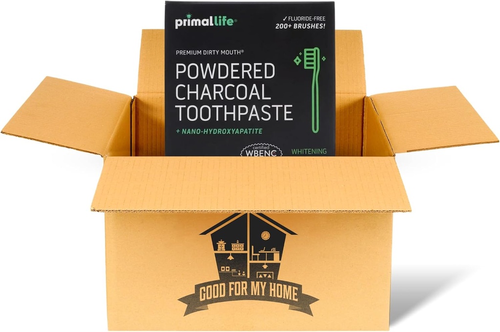 Activated Charcoal Primal Life Organics 1 oz Toothpowder: Organic Vegan Blend, Kaolin & Bentonite Clay, Essential Oils - Black Spearmint for 200+ Brushings. GFMH Box Included.