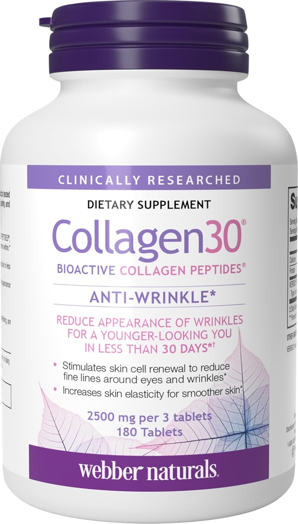 Webber Naturals Collagen30 Anti-Wrinkle, 2 500mg Bioactive Collagen Peptides Per Servering, 180 tabletter, hjälper till att minska djupa rynkor, fina linjer och stimulerar hudceller, icke GMO, Dairy & Gluten Free
