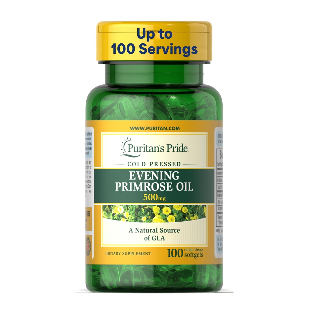 Puritans Pride Cold Pressed Evening Primrose Oil 500 mg med GLA, Kosttillskott för kvinnor och hudhälsa, 100 Rapid Release Soft Gels