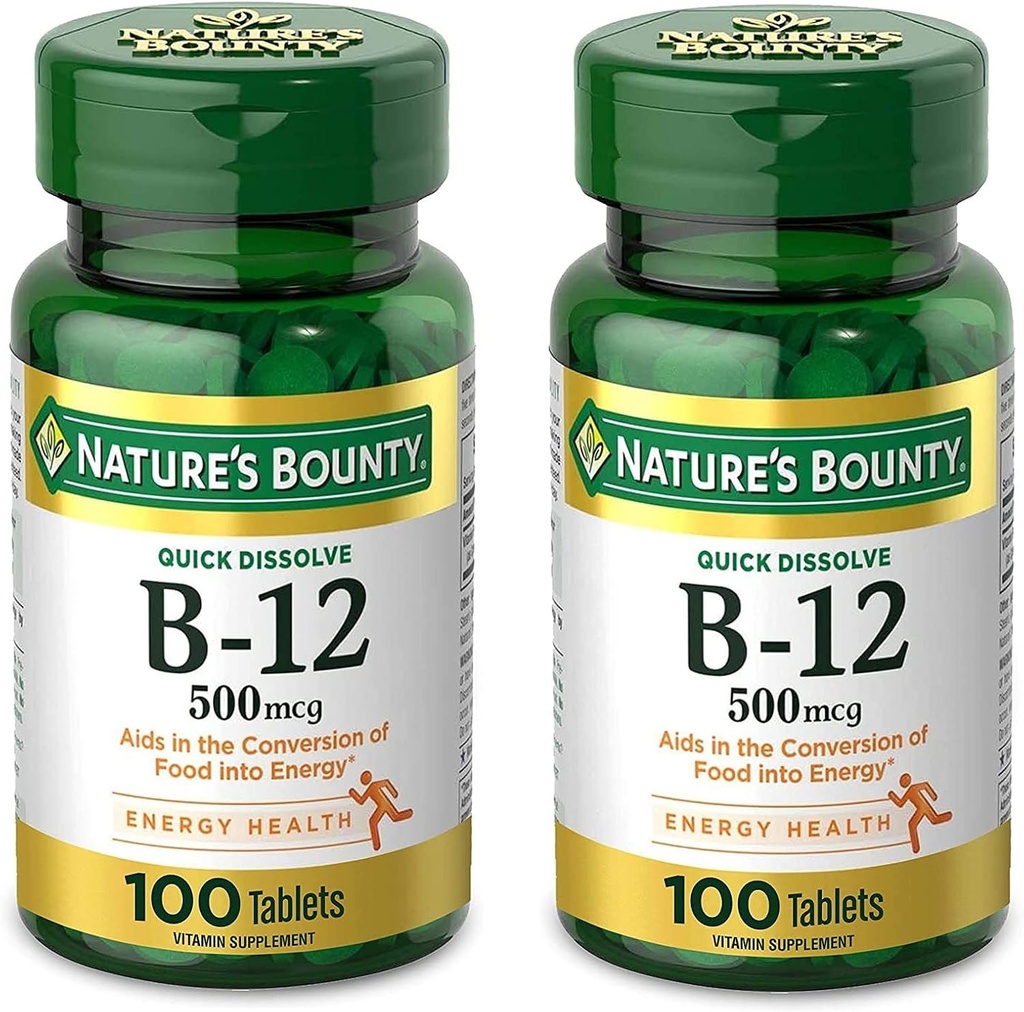 Naturens Bounty Vitamin B12, Stöder Energi Metabolism och Nervous System Health, 500mcg, Tablets, 100 Ct (Pack of 2)