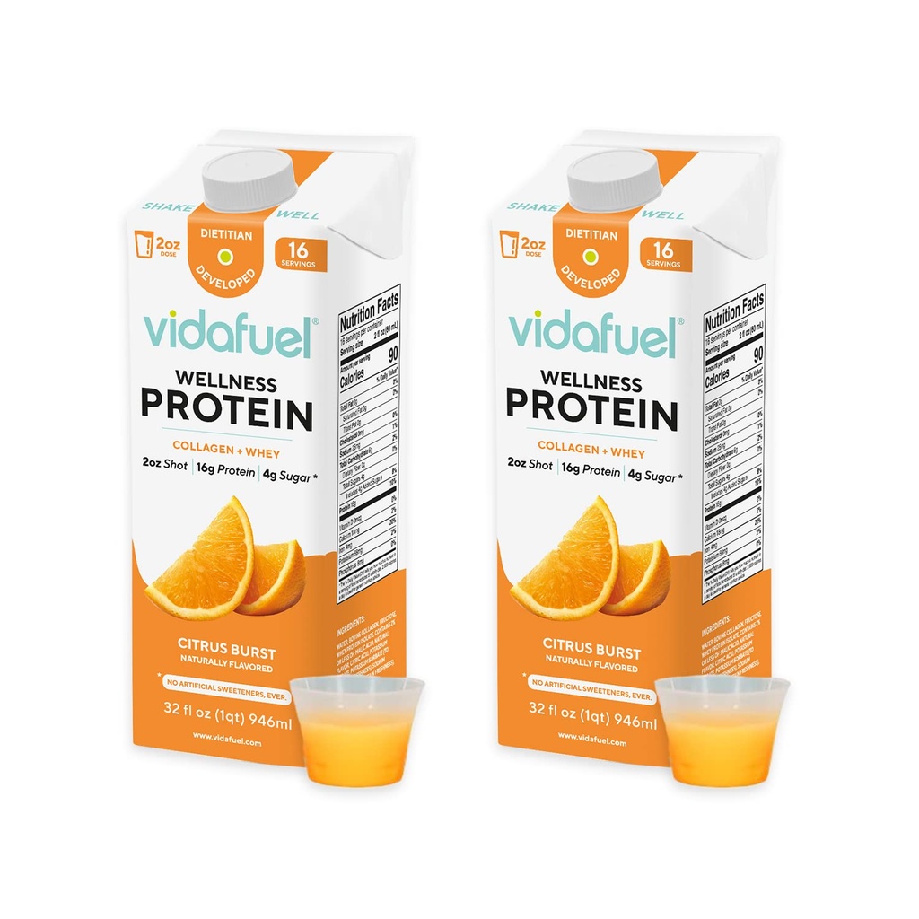 Vidafuel Protein Drink, 16g Protein per 2oz Shot, 32 fl oz Carton, 2 Pack, Citrus, Collagen och Whey Drink, No Artificial Sweeteners