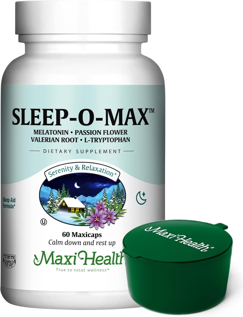 Maxi Health Natural Sleep Supplement Herbal Sleep-O-Max med Valerian Root, Melatonin, Tryptophan, Passionflower - Calm Sleep Support Formel för vuxna med Green Pillbox