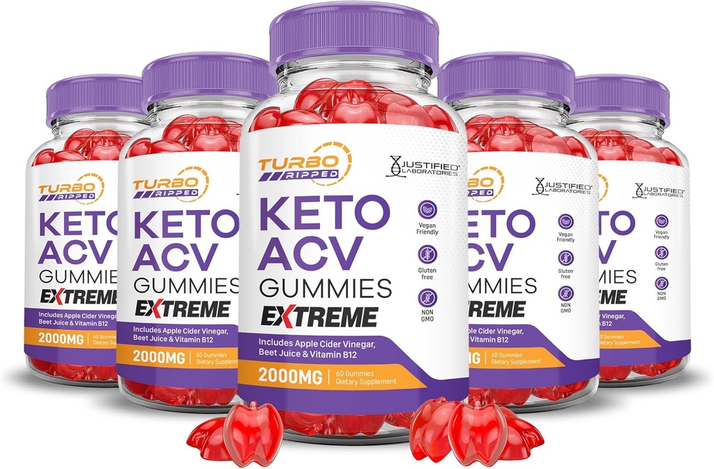 (5 Pack) Turbo Ripped Keto ACV Gummies Extreme 2000MG Turbo Ripped Keto Gummies Apple Cider Vinegar Formulerad med Pomegranate Beet Juice Powder B12 Vegan Non GMO 300 Gummys