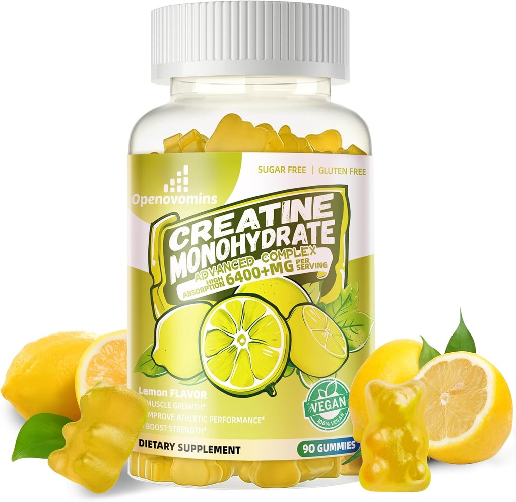 Kreatinmonohydrat Gummies Komplex för män och kvinnor -Avancerad Formel W/L-Taurin + Vitamin B12, Sugar Free Chewable Supplement,90 Lemon Gummies