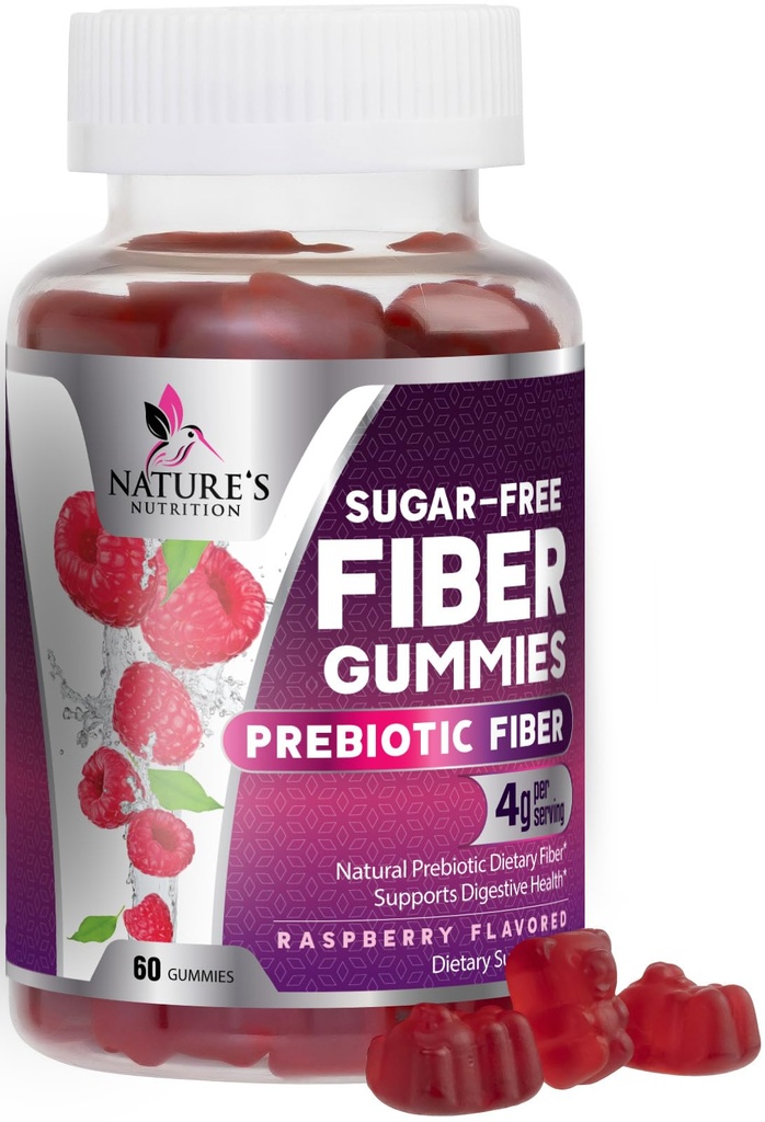 Prebiotiska Fiber Gummies 4g - Sugar Free Gummy Fiber Supplement för vuxnas Digestive Health & Regularity Support - Natural Raspberry Flavor, Plant Based Blend, Non-GMO & Gluten Free - 60 Gummies