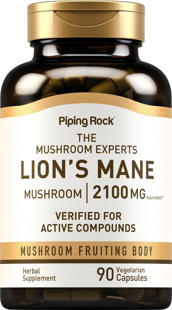 Piping Rock Lions Mane Supplement Capsules | 2100mg | 90 greve | Mushroom Fruiting Body Extract för män och kvinnor | Hericium Erinaceus | Vegetarisk, icke-GMO, Gluten Free