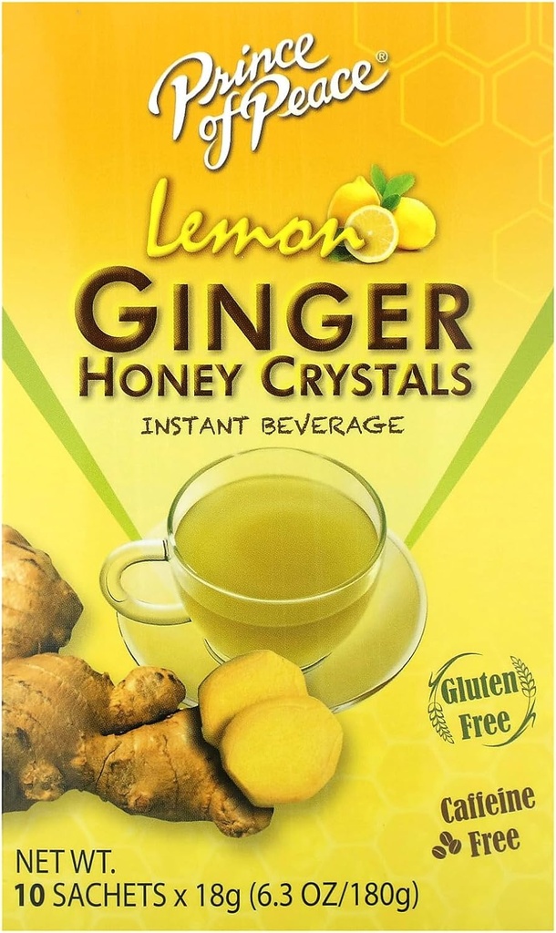 Prince of Peace Instant Natural Lemon Ginger Honey Crystals, 10 Sachets - Instant Hot eller Cold Beverage för Nausea Relief och Soothes Throat - Lätt att Brew Ginger och Honung Kristaller