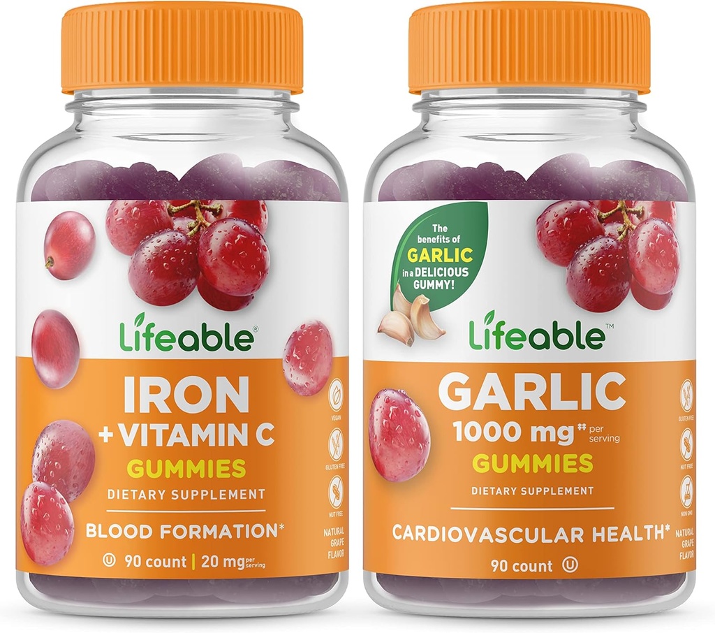Livlig järn med vitamin C + vitlök 1000mg, Gummies Bundle - Great Tasting, Vitamin Supplement, Gluten Free, GMO Free, Chewable Gummy
