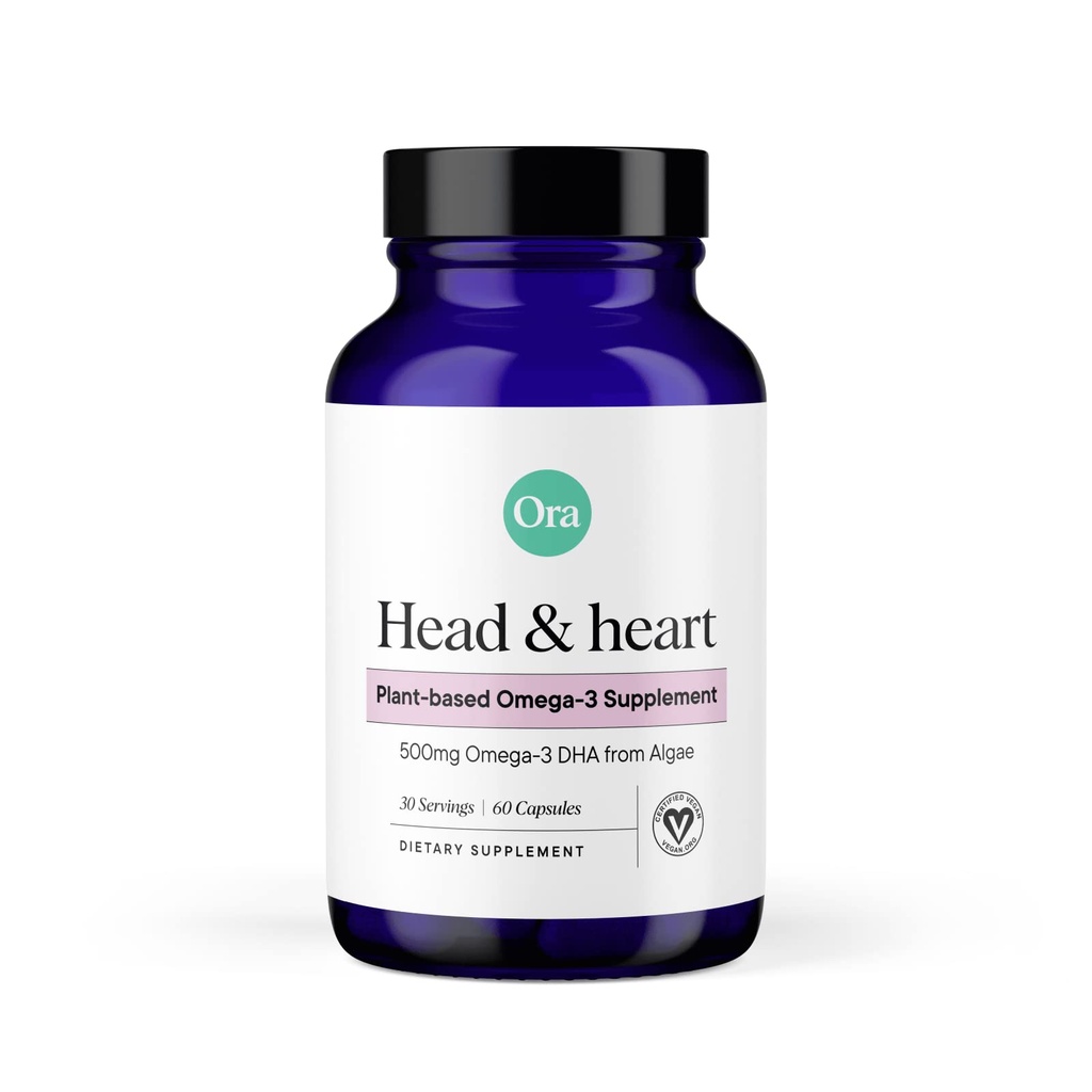 Ora Organic Vegan Omega 3 Supplement - 500mg DHA för hjärna, ögon och hjärthälsa - tillverkad av hållbara alger - 60 kapslar