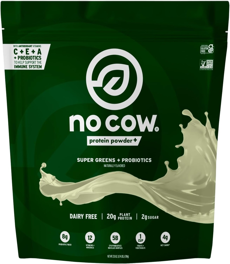 No Cow Plant-Based Protein Powder Plus, 20g Protein med 9 Essential Amino Acids & Super Greens, 5 miljarder CFU Probiotics Bacillus Subtilis för hälsosam matsmältning, Perfekt frukost Start