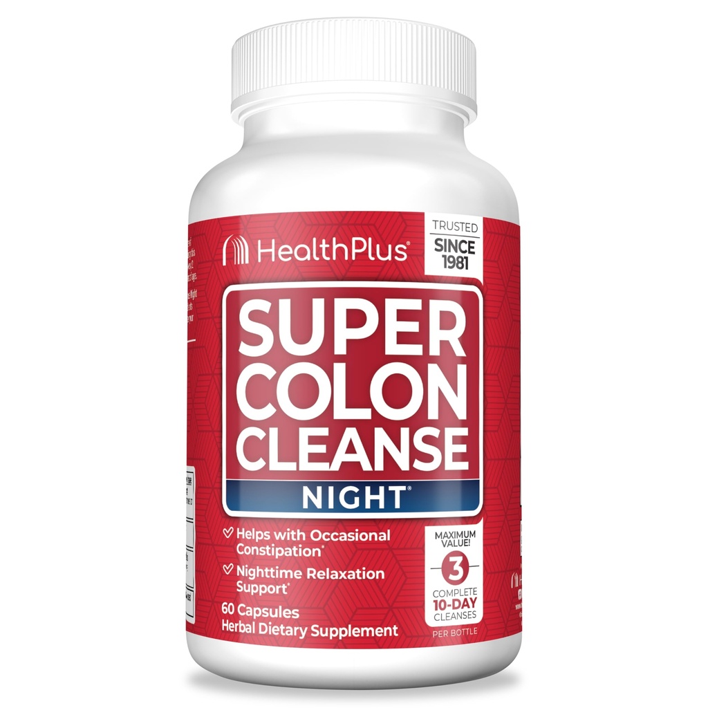 Health Plus Super Colon Cleanse Night Formula Digestive Support | Constipation Relief to Reduce Bloating with Probiotics and Valerian Root for Sleep | More than 1 Cleanse, 60 Capsules