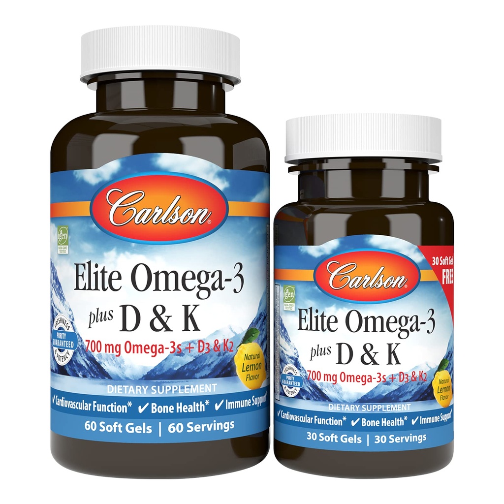 Carlson - Elite Omega-3 Plus D & K, 700 mg Omega-3s + D3 & K2, funktion, benhälsa och immunstöd, citron, 60+30 Softgel