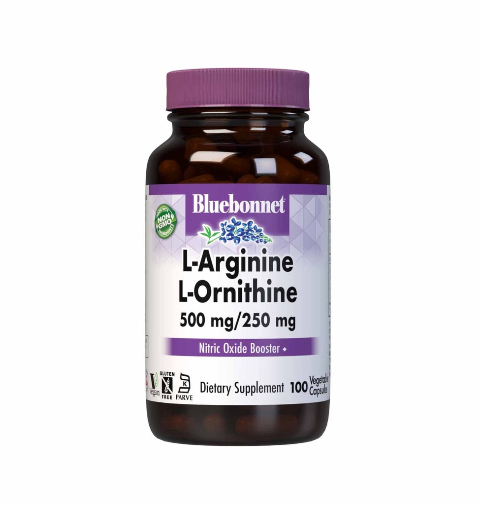 Bluebonnet Nutrition L-Arginine 500mg/L-Orinithine 250mg, stöder proteinmetabolism*, Soy-Free, Gluten-Free, Non-GMO, Kosher Certified, Vegan, 100 Vegetabiliska kapslar