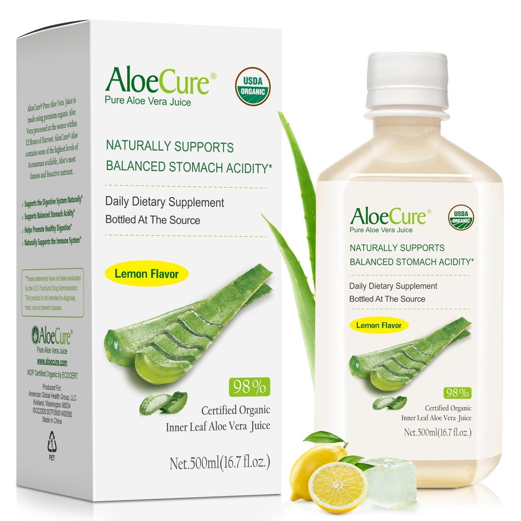AloeCure USDA Organic Aloe Vera Juice Lemon Flavor - Tillverkad inom 12 timmar av skörd - Naturligt matsmältningstillskott för balanserad magsyra - Stöd Digestive and Immune Health - 1 Btl x 16.7oz