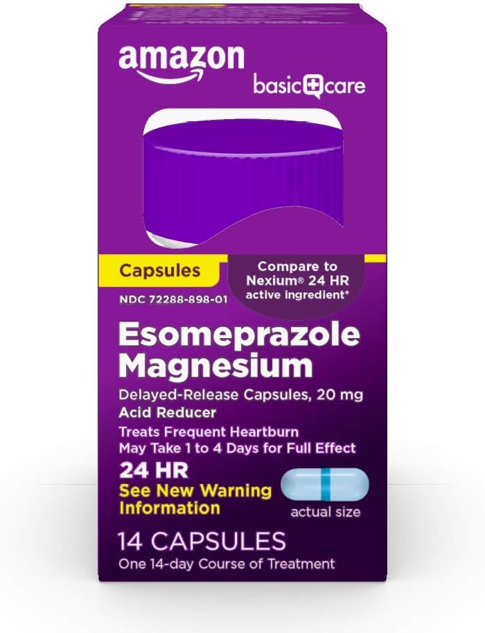 Grundläggande vård Esomeprazole Magnesium försenad frisättning kapslar, 20 mg, syrereducer, 14 greve
