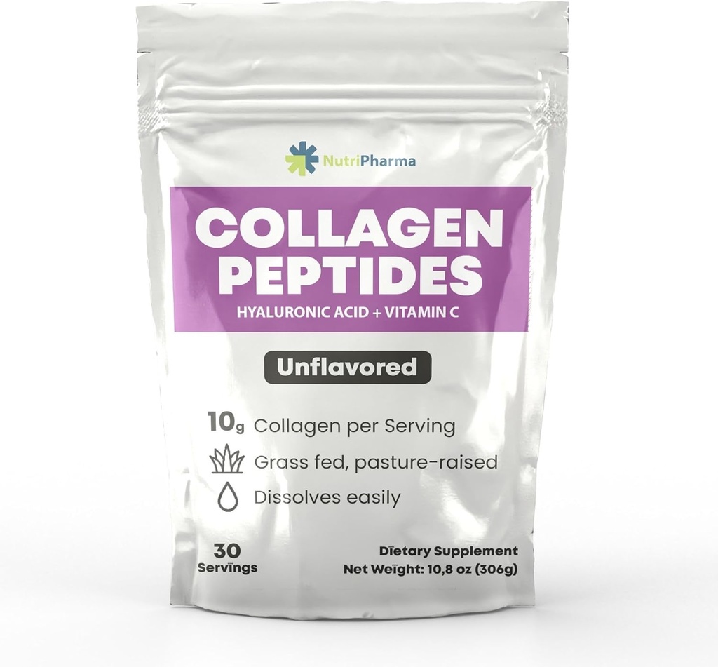 Collagen Peptides Powder med hyaluronsyra och vitamin C, främjar hår, nagel, hud, ben och gemensam hälsa, osmakad Collagen Protein Powder, 30 portioner, 10,8 oz