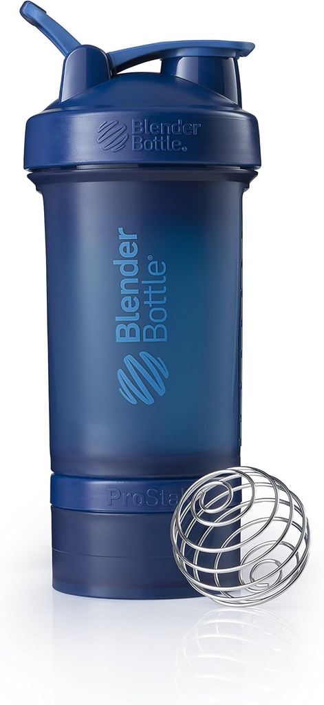 BlenderBottle Shaker Bottle med Pill Organizer och lagring för Protein Powder ProStak System, 22-Ounce, Navy