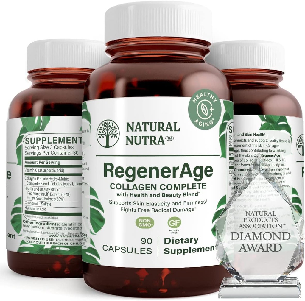 Natural Nutra RegenerAge Complete Supplement for Skin Health with Protein Peptides, Reduce Stretch Marks, Contributes Overall Health, Vitamin C, Grape Seed Red Wine Extract, Gluten Free, 90 Capsules.