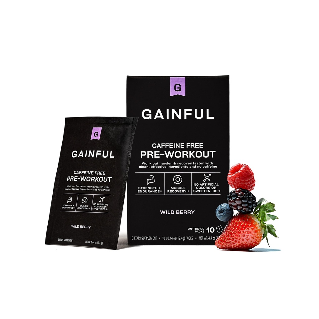 Gainful Pre Workout Powder with Creatine, Caffeine Free Clean Energy, L Citrulline and Beta Alanine for Endurance, BCAA Blend for Muscle Recovery, Vegan, Non GMO, Wild Berry, 10 Servings