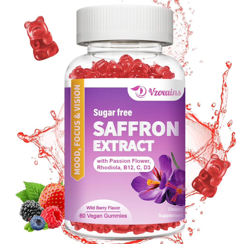 Saffron Gummies, 10 i 1 Saffron Supplements Gummies med Magnesium, Ashwagandha & Rhodiola Rosea, Sugar Free Vegan Mixed Berry Flavor - 60Cts