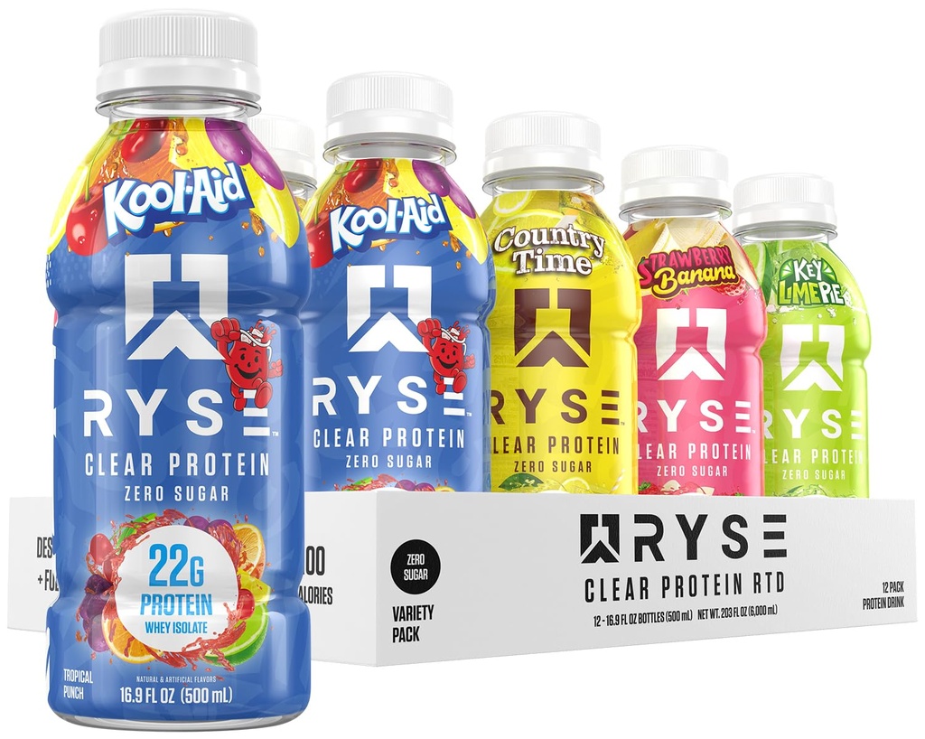 RYSE Clear Protein Drink - Variety Pack - 100 kalorier, 22g Whey Isolate Protein Shake, Sugar-Free, 0g Fat & Lactose-Free - Uppfriskande Ready-to-Drink Beverage - 16,9 fl oz Bottles (12-Pack)