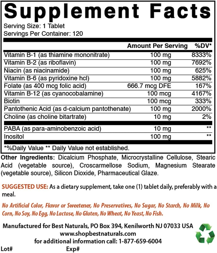 Bästa naturliga B-100 Complex & K2 D3 180 tabletter