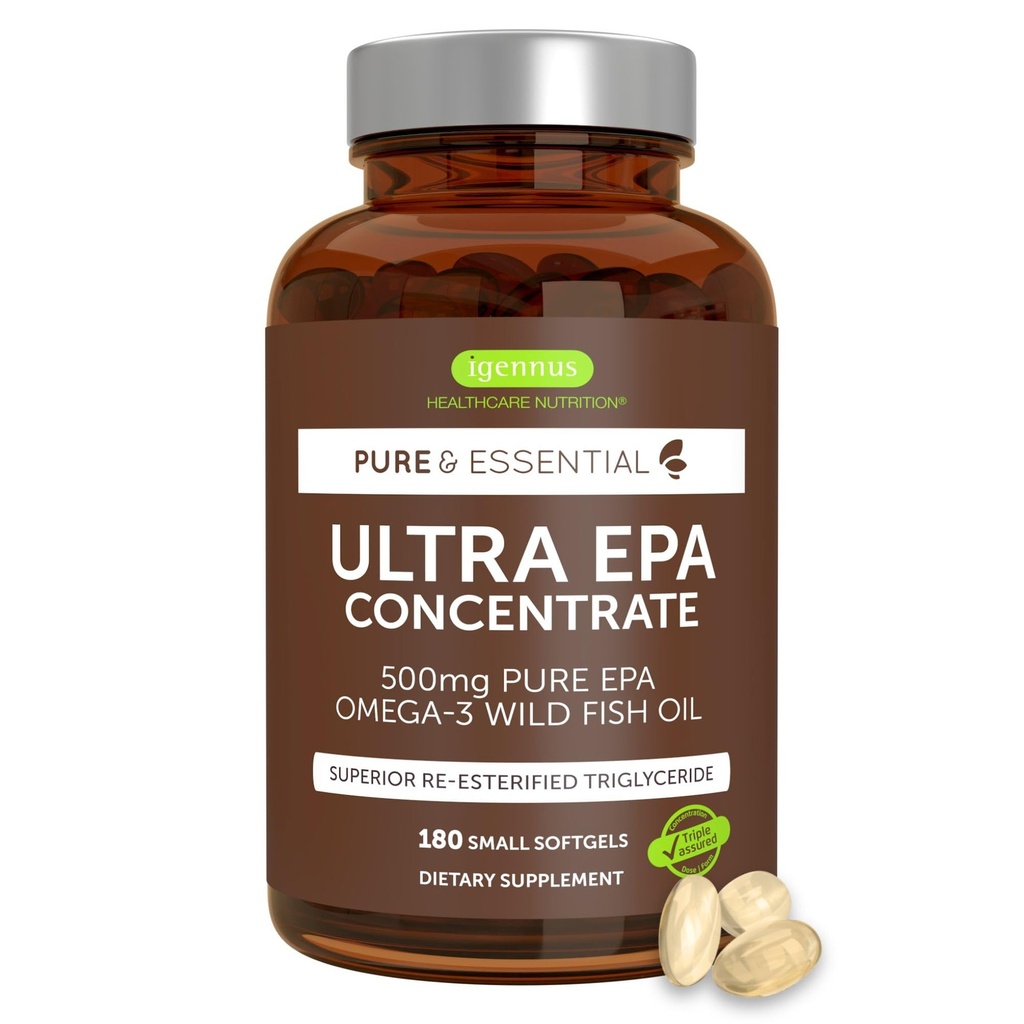 Igennus Ultra Pure Omega-3 EPA 500mg, högt koncentrerad IFOS Certified Wild Fish Oil, Advanced RTG Triglyceride Form, Non-GMO, 180 Small Softgels