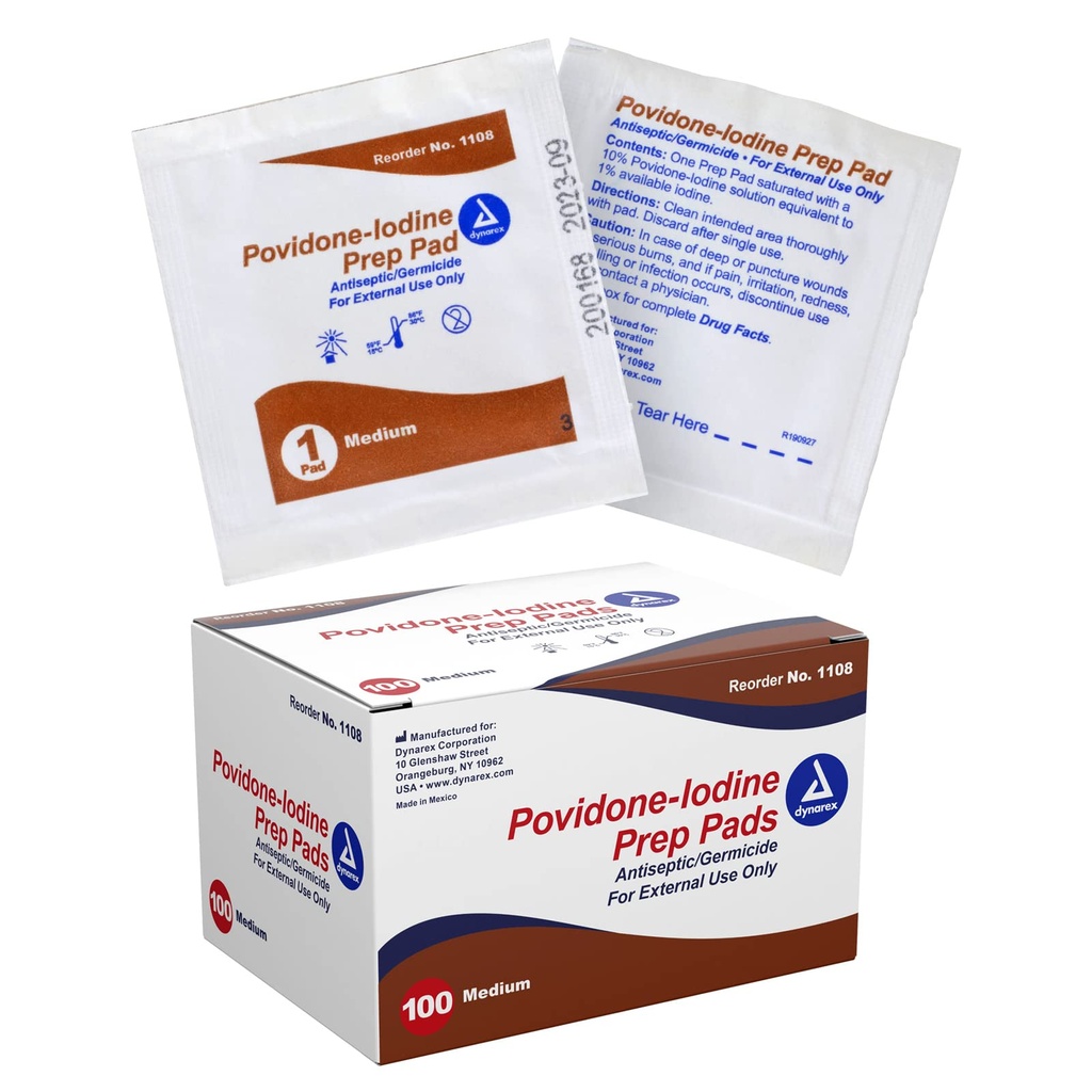 Dynarex Povidone-Iodine Prep Pads, Saturated med Povidone Iodine 10%, Medicinsk-Grade Antiseptiska Wipes som används för Prepping före Minor Procedures, Medium, 1 Fall av 100 Prep Pads