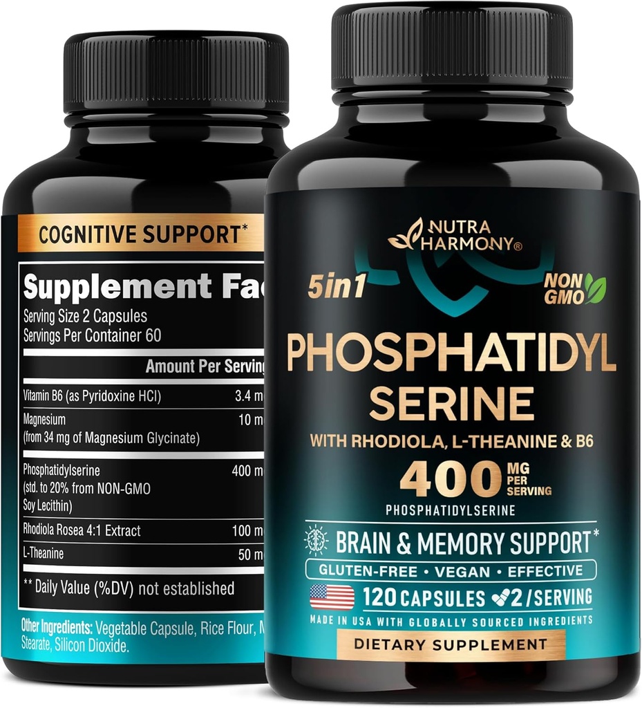 Fosfatidylserin 400 mg med L-Theanine, Magnesium & Vitamin B6, Rhodiola Rosea - Brain, Memory & Focus Support - Certified Non-GMO, Naturally Derived & Bioavailable - Made in USA - 120 Сapsules