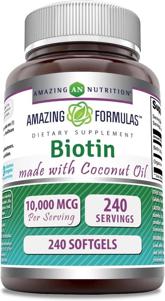 Fantastiska formler Biotin med extra jungfru organisk kokosolja tillskott | 10000 Mcg | Softgels | Non-GMO | Glutenfri | Made in USA (1 Pack, 240 Count)