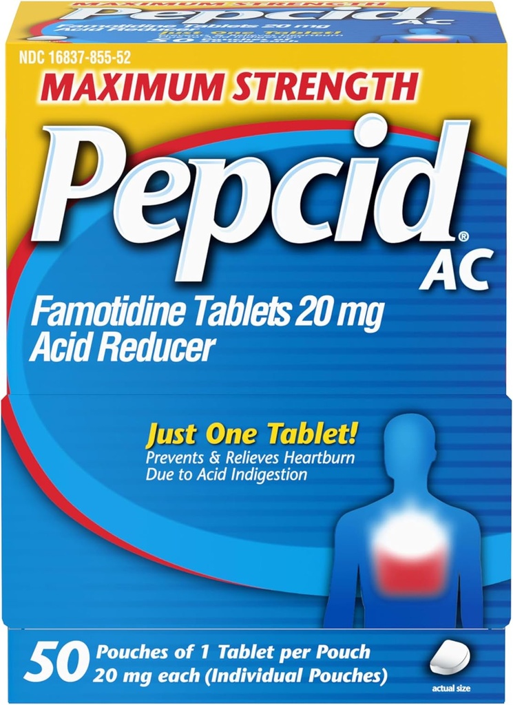 Pepcid AC Maximal Strength Heartburn Relief Tablets, OTC Medicine Prevents & Relieves Heartburn & Acid Reflux På grund av syra Indigestion, 20mg Famotidin Acid Reducer, Fast-Acting, 1 x 50 ct