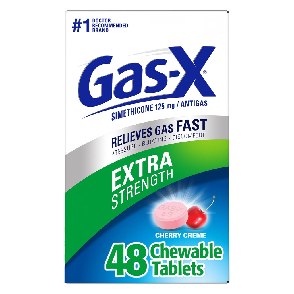 Gas-X Extra Strength Chewable Gas Relief tabletter med Simethicone 125 mg, Cherry - 48 greve