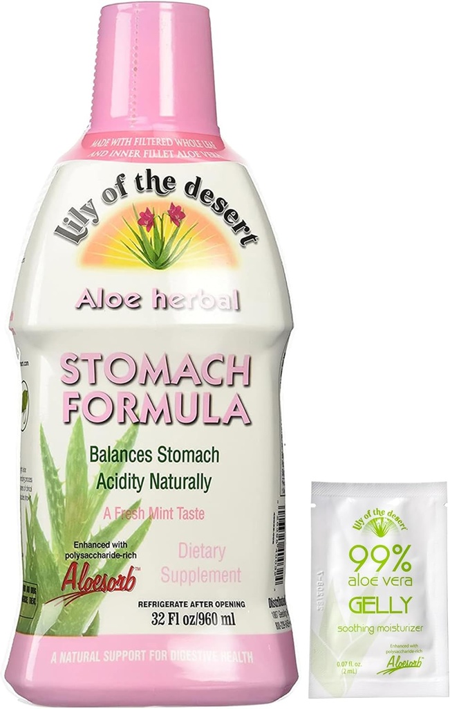 Lily of The Desert Stomach Formel, Organic Aloe Vera Juice med Slippery Elm, Chamomile, Peppermint och Ginger för Gut Health, Acid Reflux, Heartburn Relief, 32 Oz, Gelly Sachet Inkluderad.