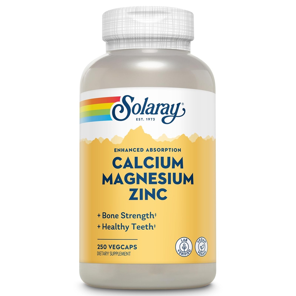 SOLARAY Calcium Magnesium Zink Supplement - med Calcium 1000mg, Magnesium 500mg - Benhälsa, muskelfunktion, hjärthälsa och immunstöd - Vegan, 60 dagars garanti, 62 portioner, 250 VegCaps