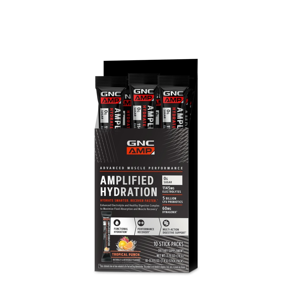 GNC AMP Amplified Hydration Electrolyte Powder Drink Mix | Förbättrad Electrolyte & Healthy Digestion Complex | Tropisk Punch | 10 Count