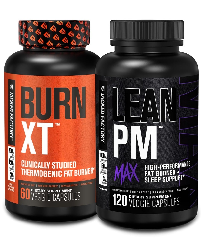 Jacked Factory Burn-XT Clinically Studied Thermogenic Weight Loss (60 kapslar) - Lean PM MAX Sleep Aid (120 kapslar) för Appetite Suppression (180 kapslar)