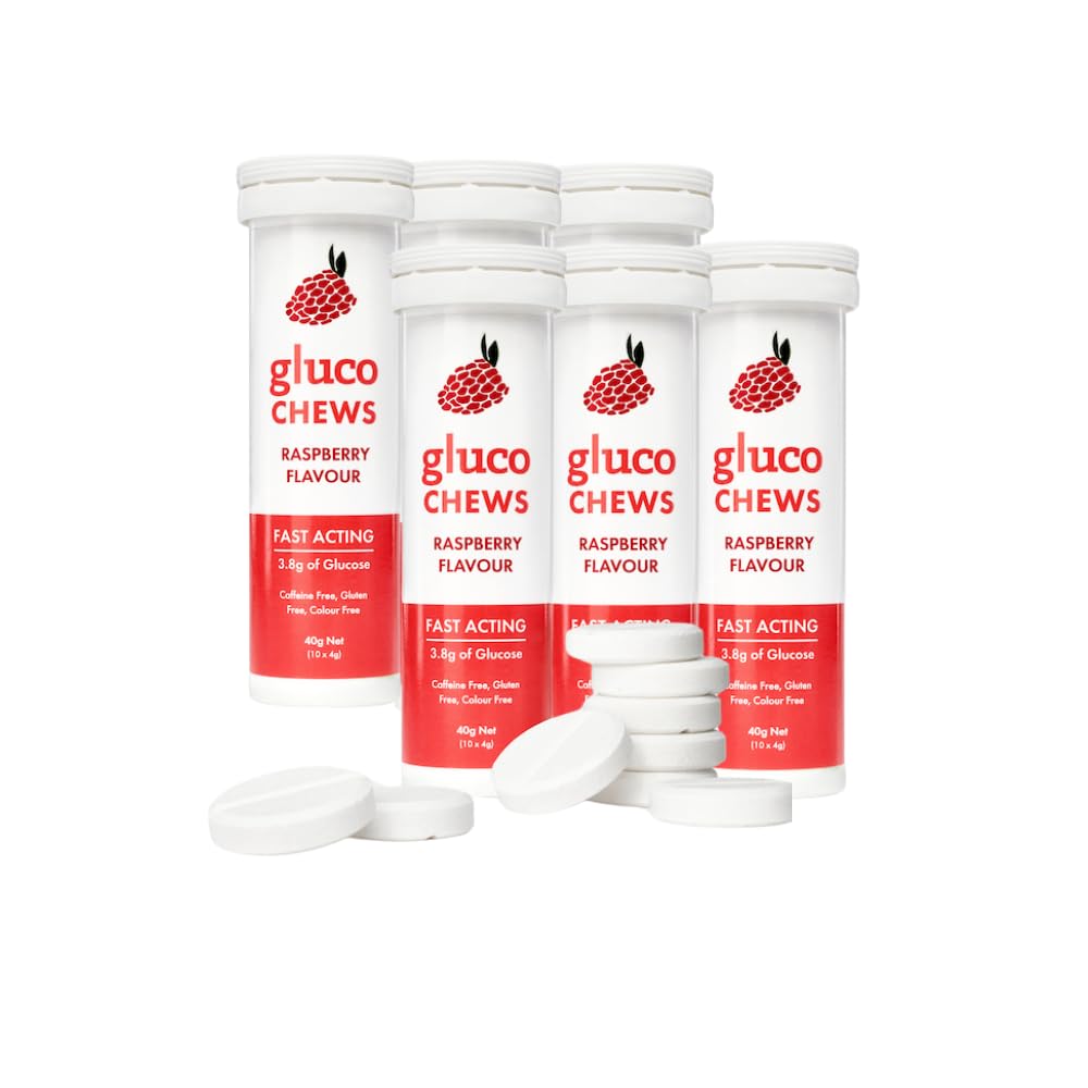 Glucochews Raspberry Glucose tabletter - 60 tabletter (10 per Tube, 6 Pocket-Sized Tubes) - 3.8g Fast-Acting Glucose Varje - ökar energi - Glutenfri, fettfri, koffeinfri