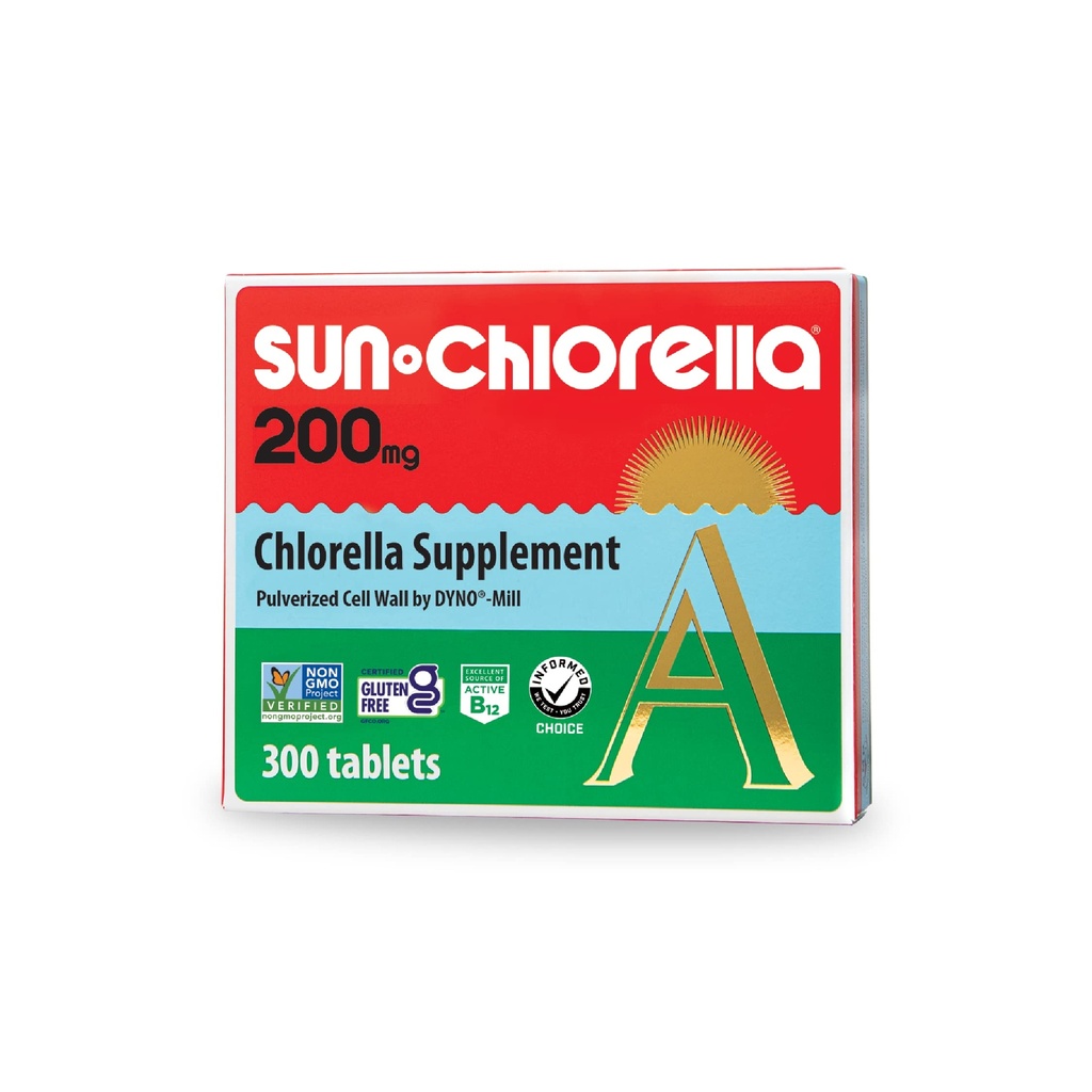 Sun Chlorella 200 mg Green Algae Superfood Supplement - Pulveriserad cellvägg - Chlorophyll, CGF, Active B12, Iron, Protein - Non-GMO - 300 Tabletter