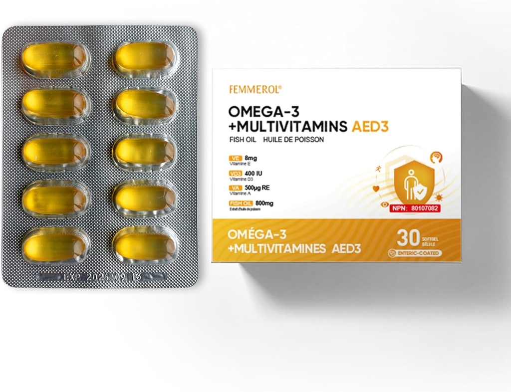 Multivitaminer med Omega-3, Multivitamin för kvinnor och män, Enteric Coated Fish Oil DHA / EPA med vitamin A, Vitamin E och vitamin D3 för immunfunktionsstöd (1 Box 30 Softgels)