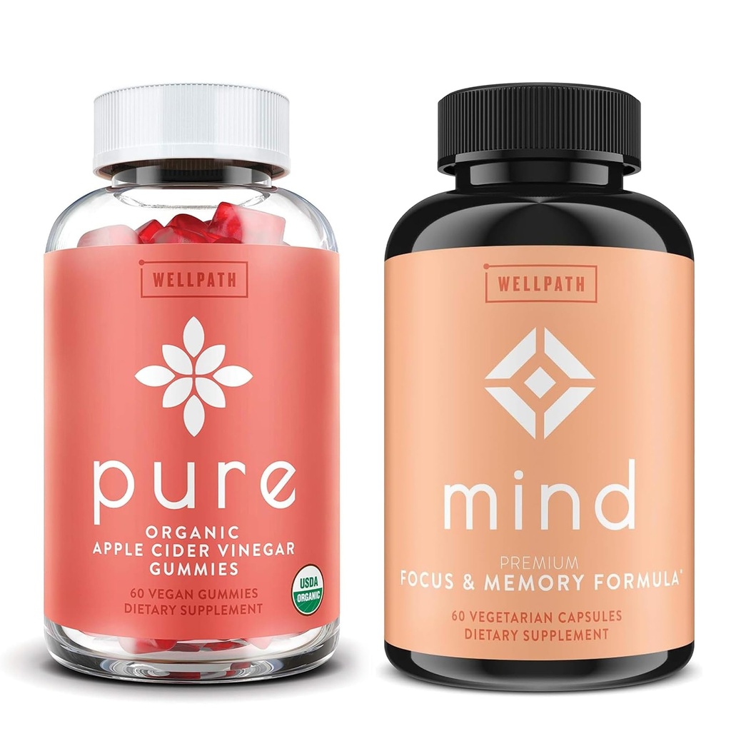 WellPath Pure Apple Cider Vinegar med Mother Gummies & Mind Brain Supplement med Lion's Mane - Stöder Focus & Memory, 60 Ct Varje