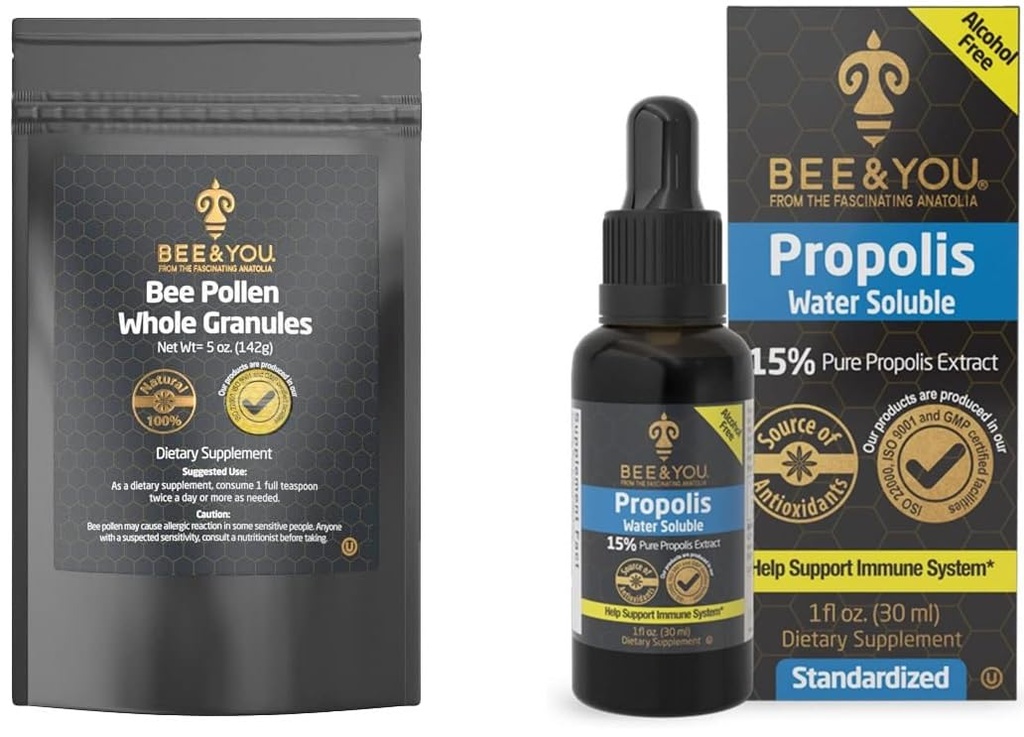BEE och du Bundle, Bee Pollen Granules, 5oz Bag, med 100% Natural Propolis Extract Drops, Ultra Pure, Immune Support Supplement, Superfood, Antipxidants, Vitaminer,