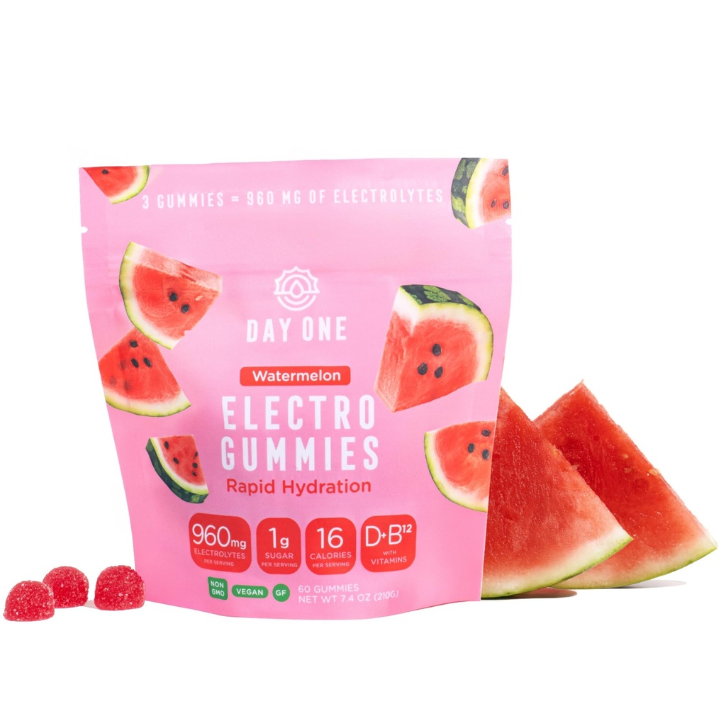 Dag 1 ElectroGummies - Electrolyte Hydration Gummies - Perfekt för att öka hydrering och energi - körning, träning - Sour Watermelon smaksatt - 60 Gummies