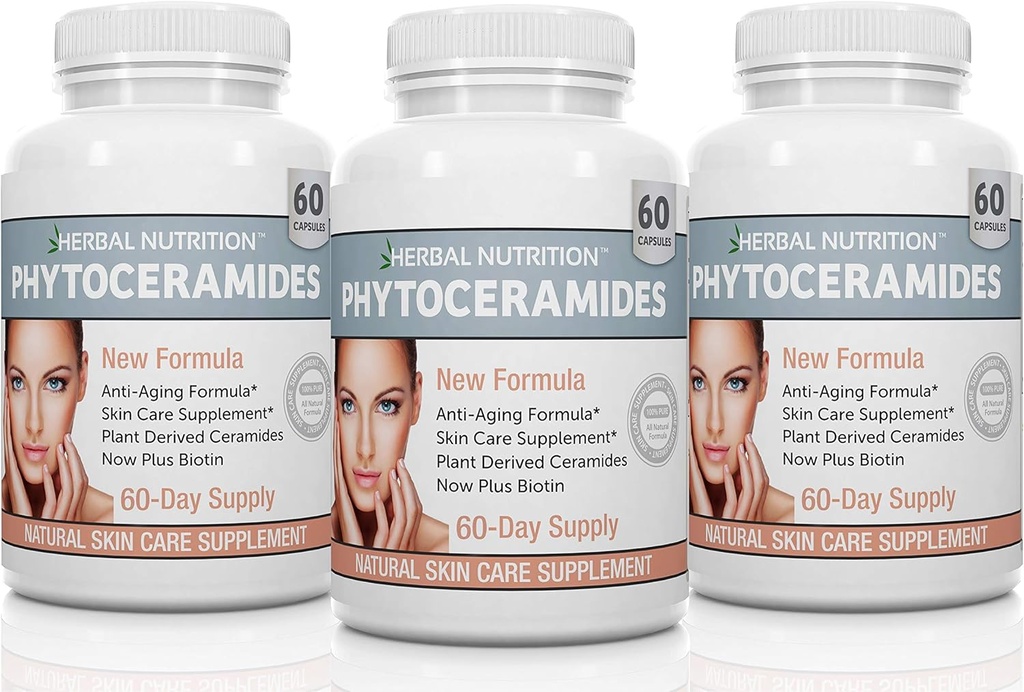 Herbal Nutrition Phytoceramides från Rice med Biotin Vitamin A, C, D och E, Three Bottle Pack, 180 kapslar 40mg