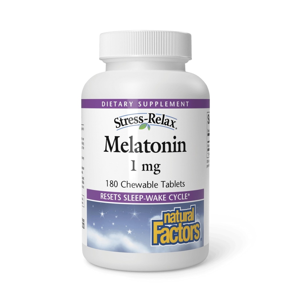 Stress-Relax Melatonin 1 mg av naturliga faktorer, naturlig sömnhjälp, återställer Sleep-Wake Cycle, 180 tuggbara tabletter (180 portioner), Peppermint smak
