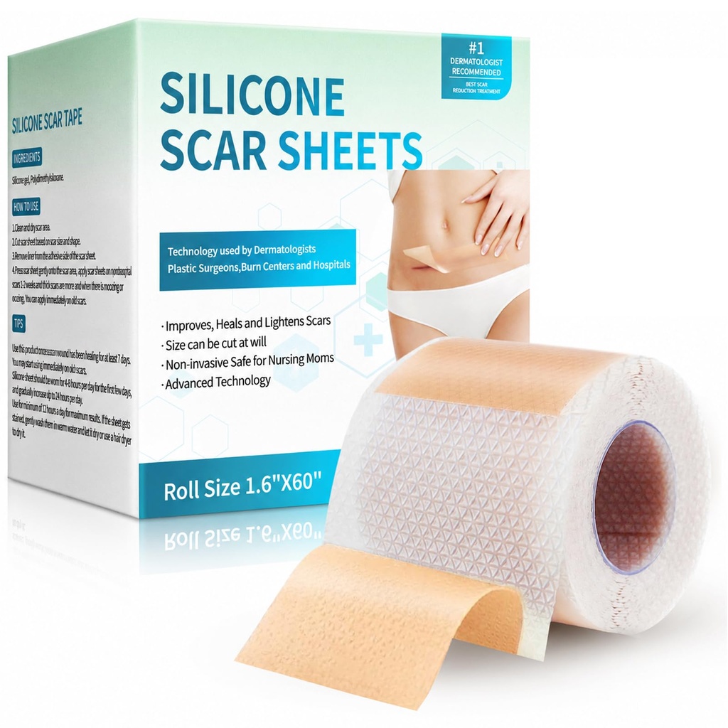 Silicone Scar Sheets, Silicone Scar Tape(1,6 "x 60" Roll-1,5M), Silicone Scar Strips, Professional Scar Removal Sheets för kirurgiska Scars, Keloid, C-Section, Burn et